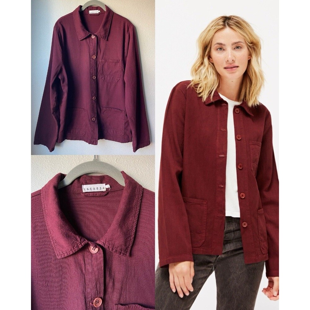 LACAUSA Clare Button-Front Utility Chore Jacket Size Large in Jam